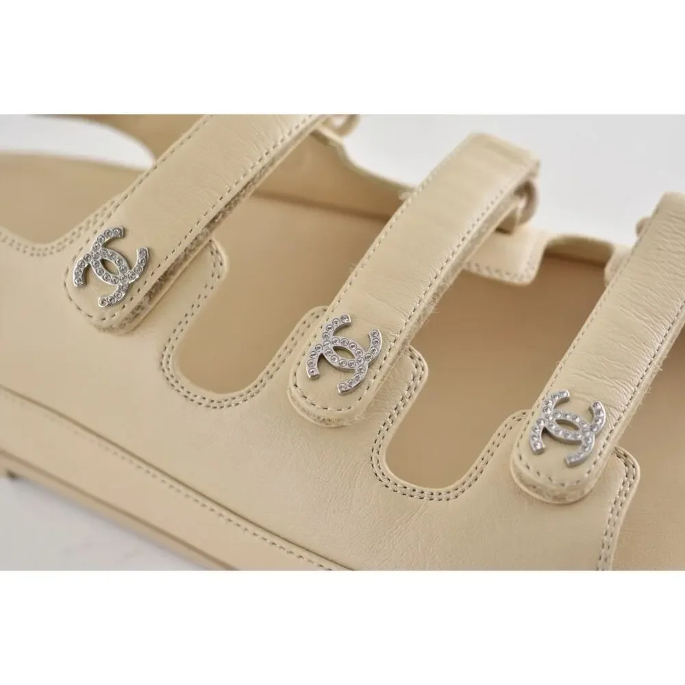 Chanel 24S Beige Leather Triple Strap CC Logo Mule Slide Teva Dad Sandal Flat 41
